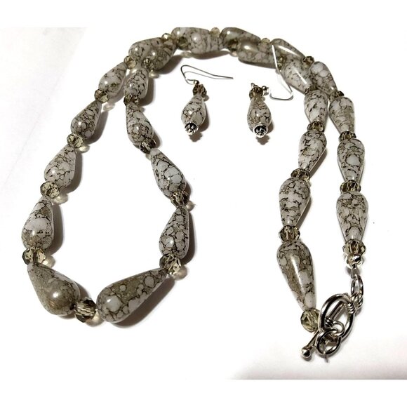Marbled Glass Bead Necklace & Earring Set With Toggle Clasp - Picture 1 of 4